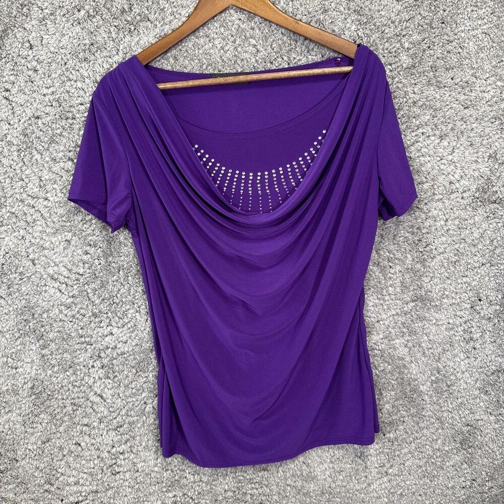 Y2K Candid Soul Cowl Neck Purple Blouse Top XL Stretch Bling